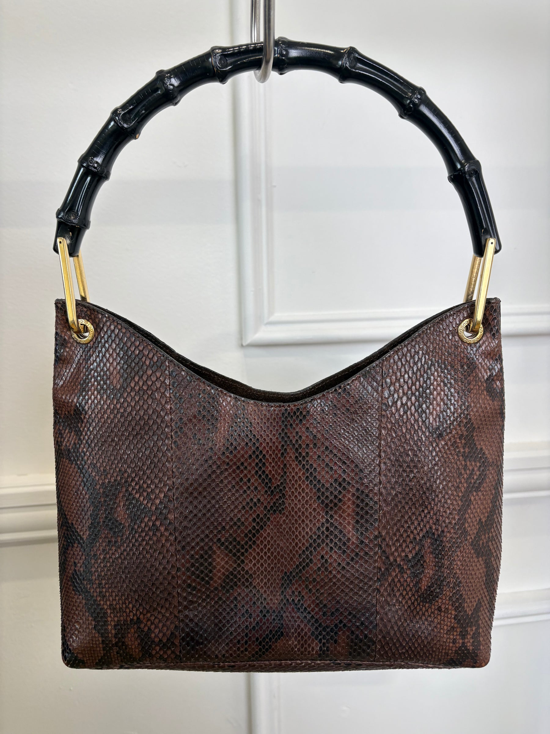 Gucci Snake Skin Shoulder Bag And Pouch Bamboo Handle