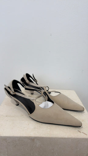 The Row Grey Suede and Satin Pointed Kitten Heels, 37
