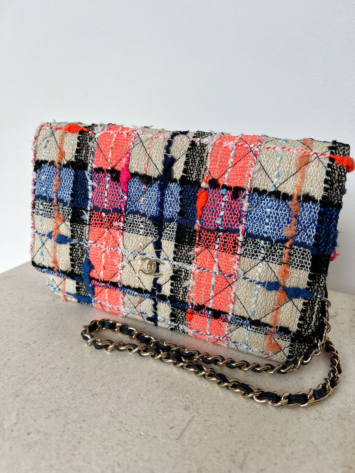 Chanel Blue, Cream and Pink Tweed Wallet on Chain