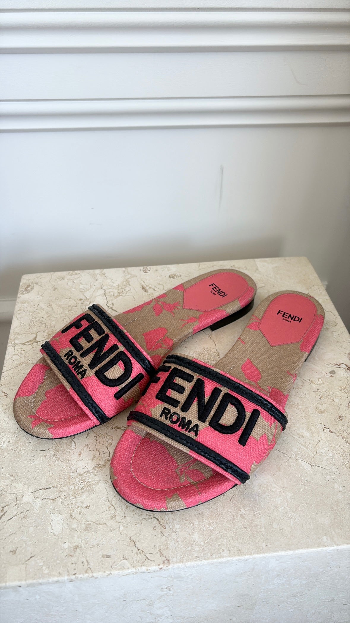 Fendi Pink Beige and Black Logo Slides, 37