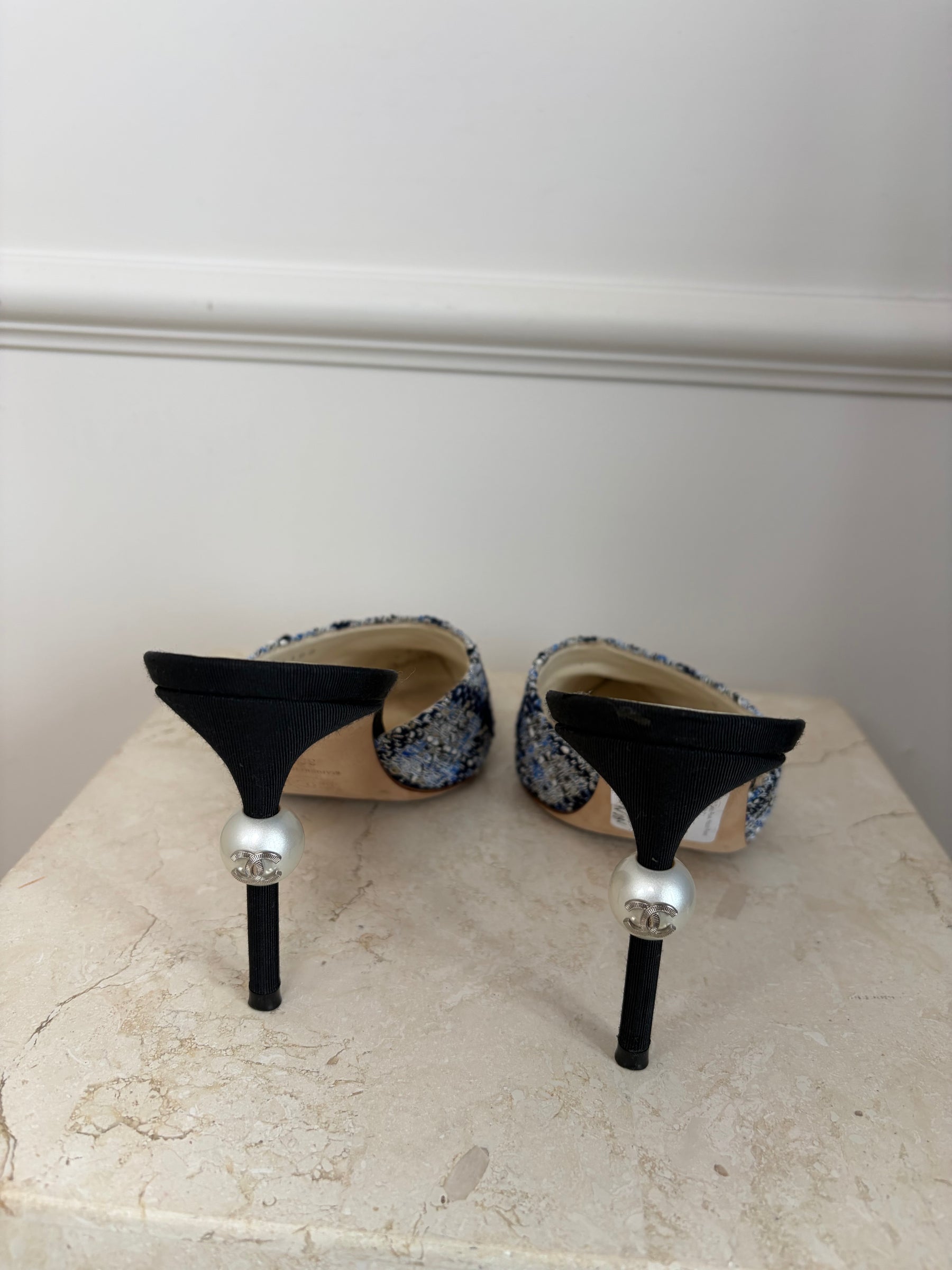 Chanel Navy and White Tweed Pearl Heeled Pointed Mules, 39 C