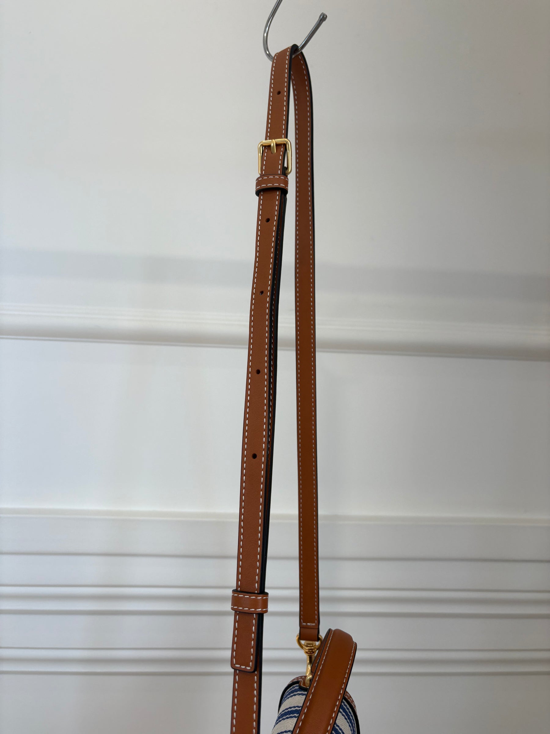 Oroton Blue and White Canvas with Tan leather Top Handle Bag