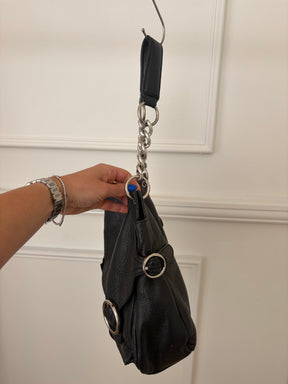 Oroton Black Leather Silver Hardware Hobo Bag