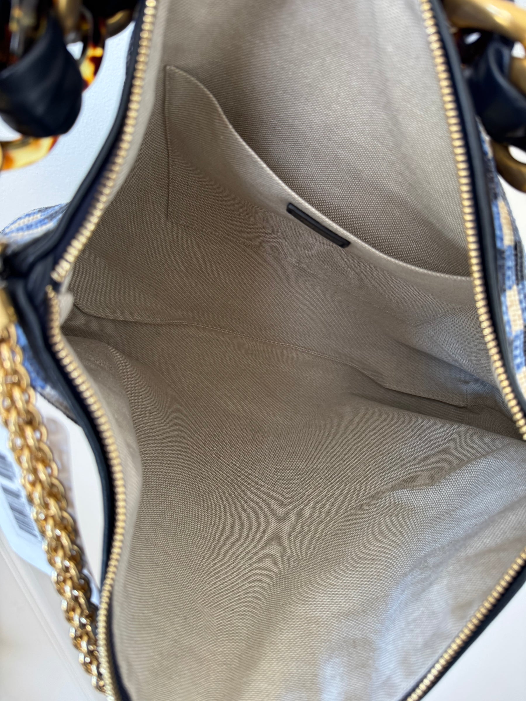 Jimmy Choo Blue Navy and Beige Checked Raffia Cali Maxi Bag