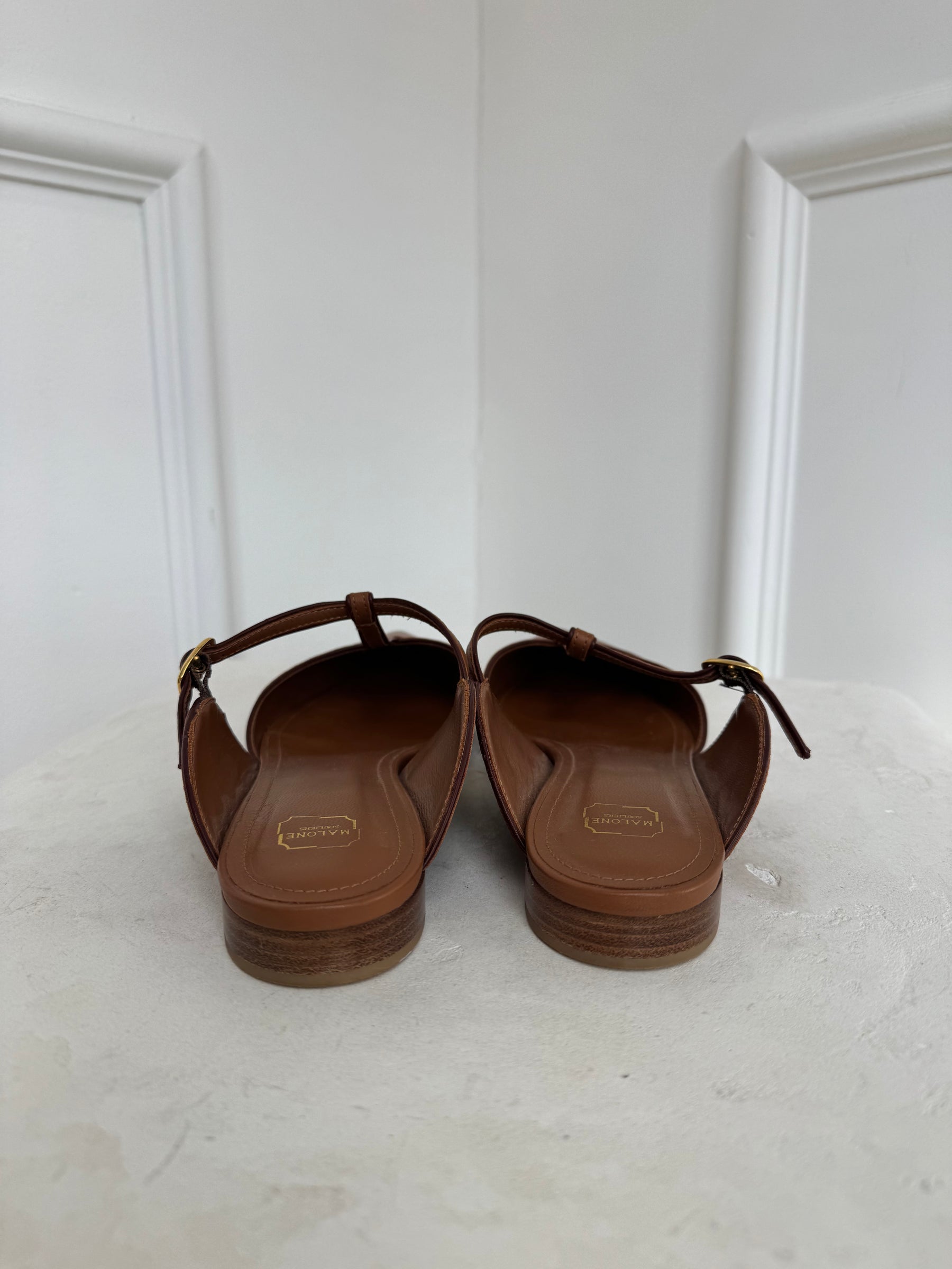 Malone Souliers Tan Leather Pointed T Bar Flats, 38