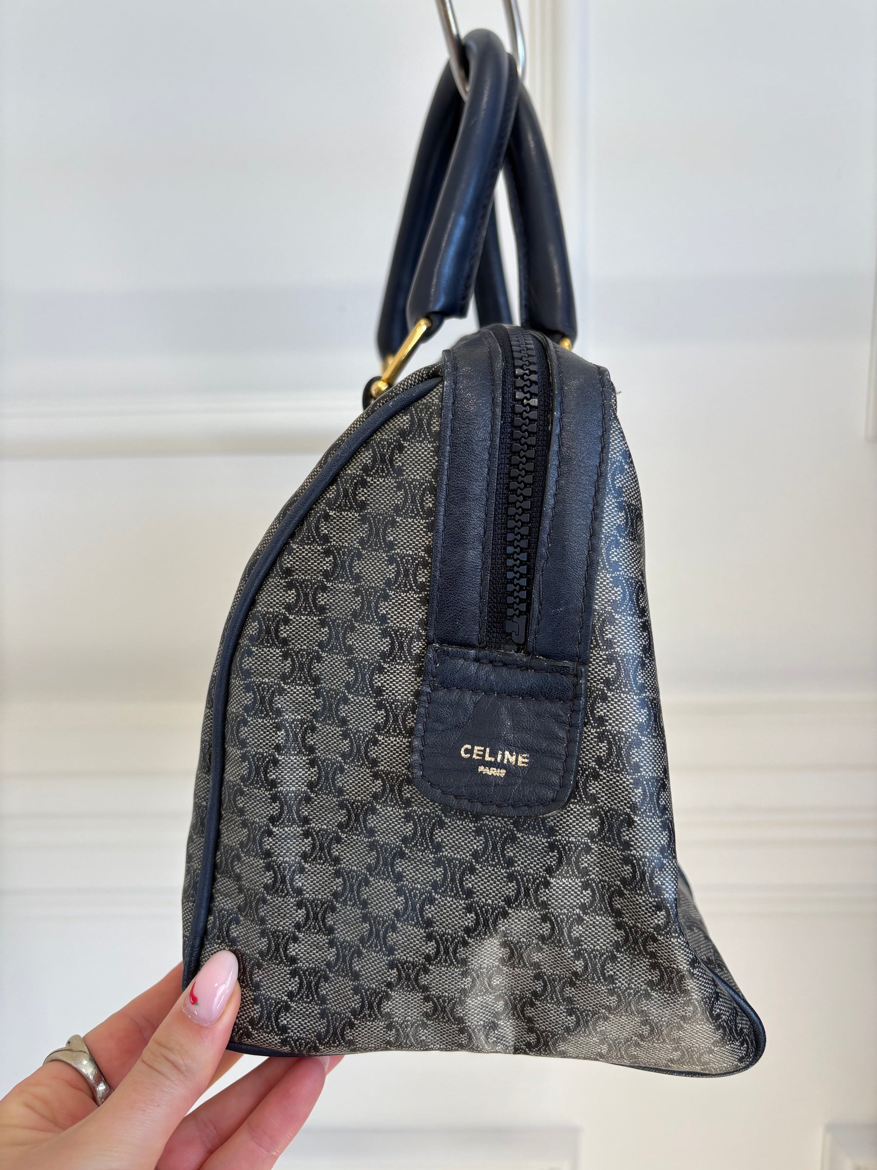 Celine Navy Coated Canvas Triomphe Boston Bag