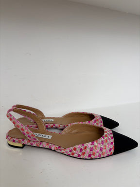 Aquazzura Pink Tweed Slingback Flats with Black Toe Cap, 36.5