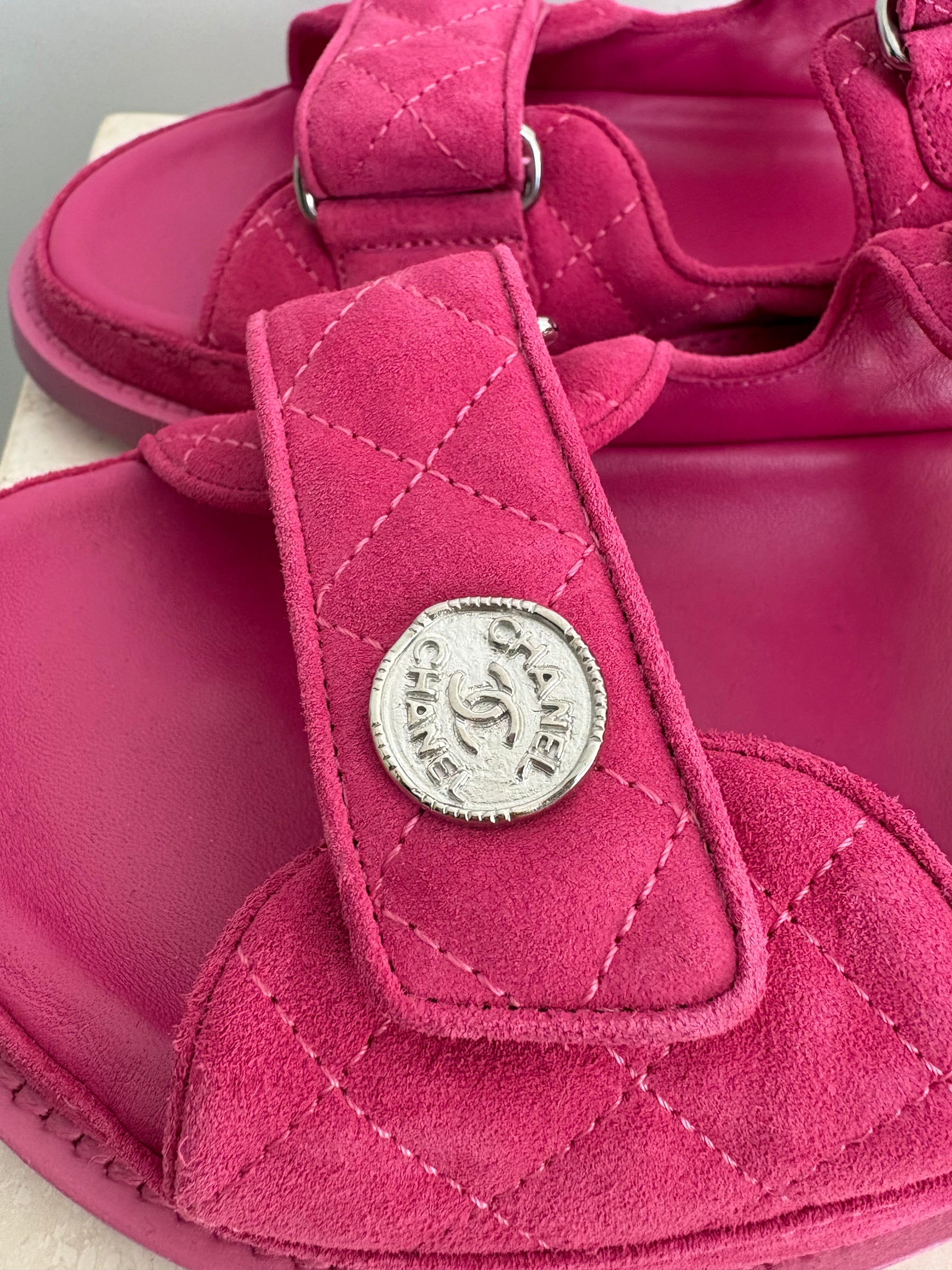 Chanel Pink Suede Quilted Dad Sandals, 40.5C