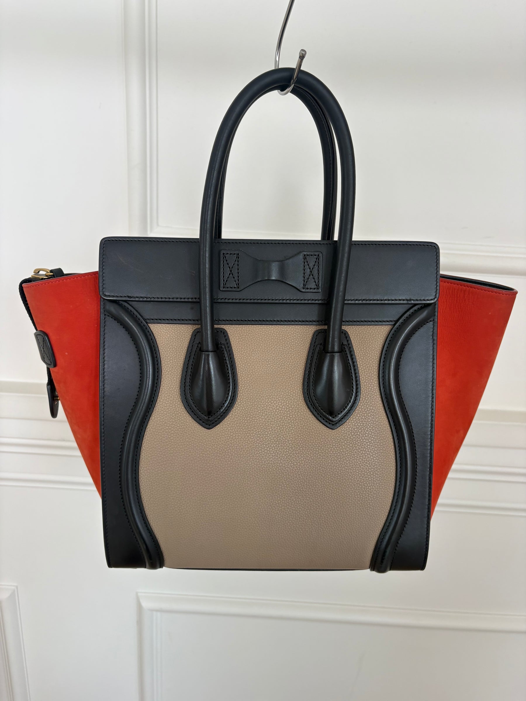 Celine Beige, Black and Red Leather and Suede Luggage Bag