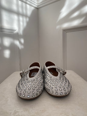 Alaïa White Leather Crystal Studded Ballet Flats, 39
