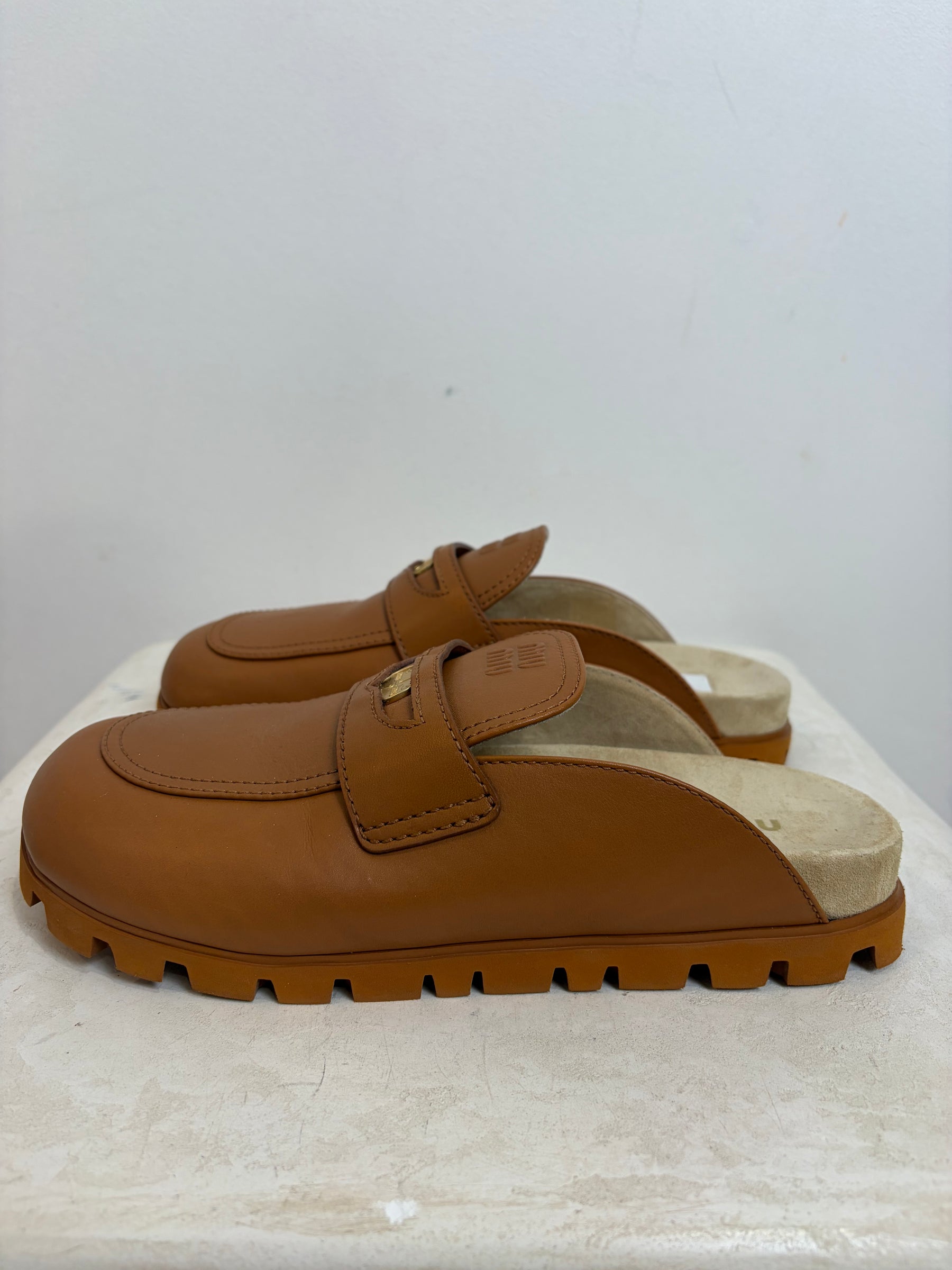 Miu Miu Logo Leather Mules In Cognac, 39.5
