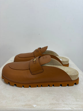 Miu Miu Logo Leather Mules In Cognac, 39.5