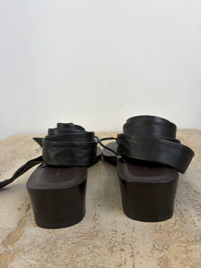The Row Black Lace Up Gold Toe Heeled Sandal, 37.5