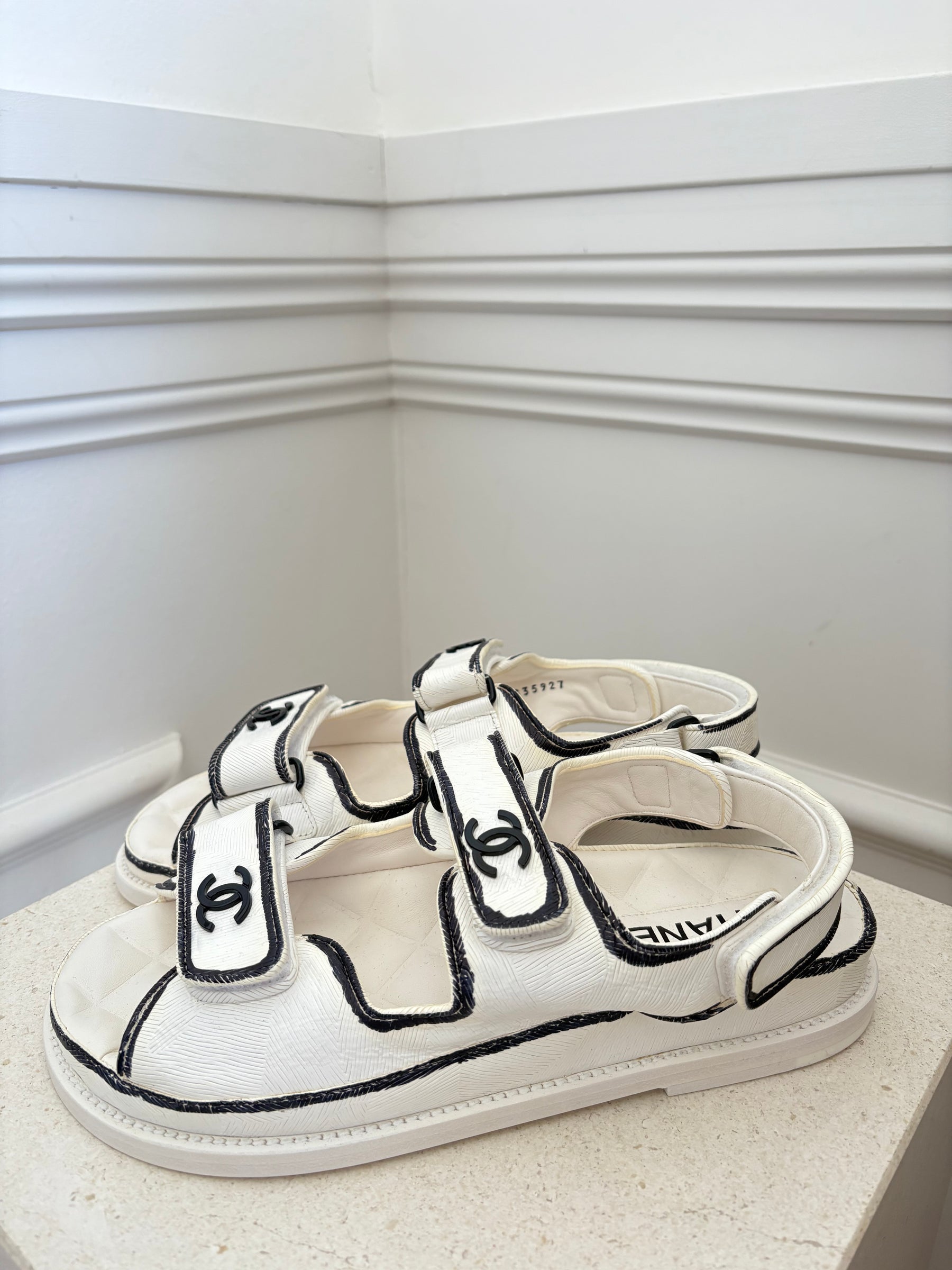 Chanel White and Black Sketch Print Dad Sandals, 37.5
