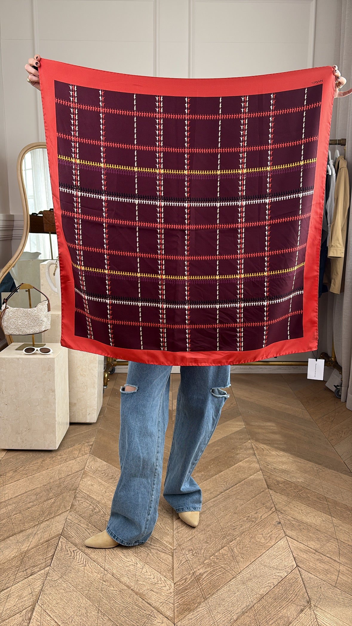 Max & Co Red Burgundy Check Silk Scarf