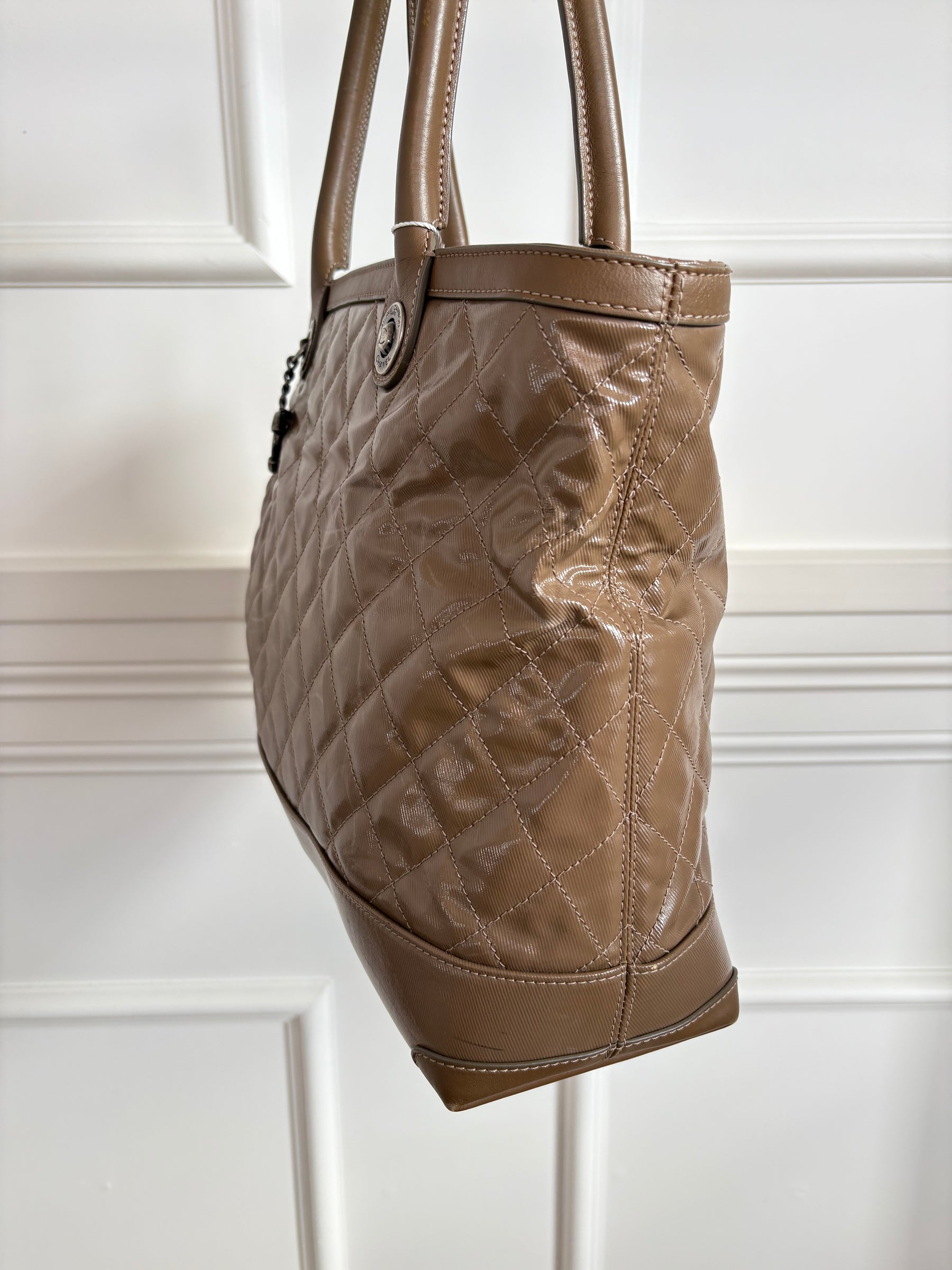 Chanel Taupe Quilted Coated Canvas Shoulder Tote