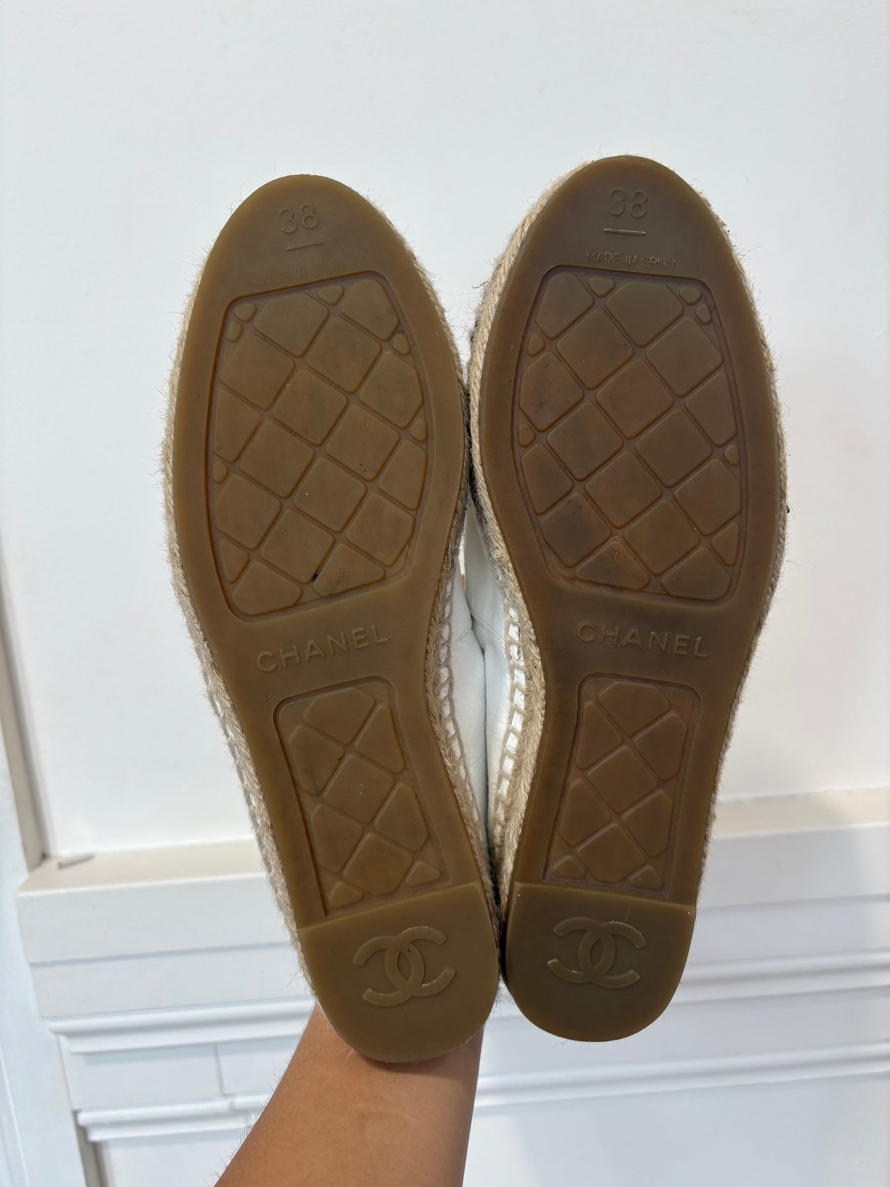 Chanel White Crinkled Patent and Black Velvet Logo Espadrilles, 38