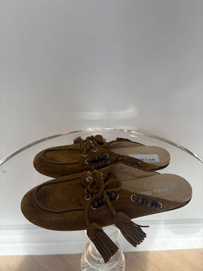 Miu Miu Tan Khaki Suede Beaded Deck Mules, 37.5