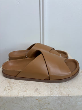 Mansur Gavriel Tan Leather Cross Over Slides, 38