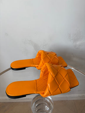 Bottega Veneta Orange Woven Lido Slides, 38