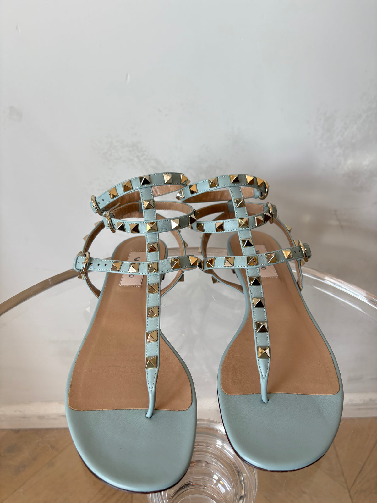 Valentino Garavani Pale Blue Leather Rockstud Sandals, 37.5