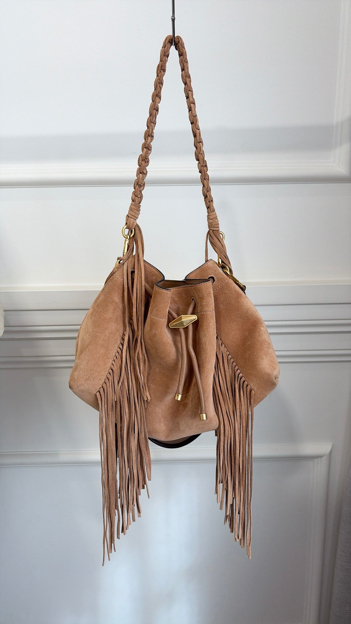 Jimmy Choo Toffee Suede Fringed Cinch Medium Bag
