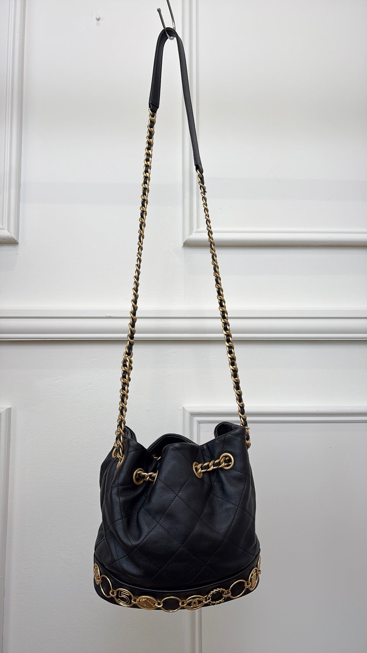 Chanel Black Lambskin Leather Charm Bucket Bag