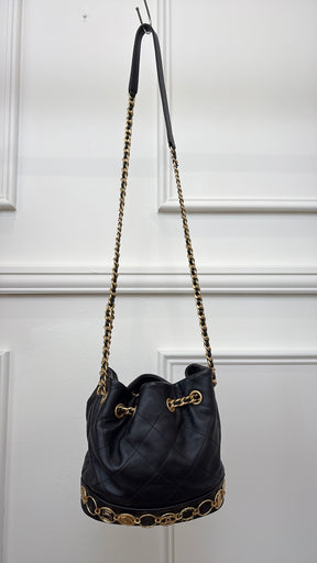 Chanel Black Lambskin Leather Charm Bucket Bag