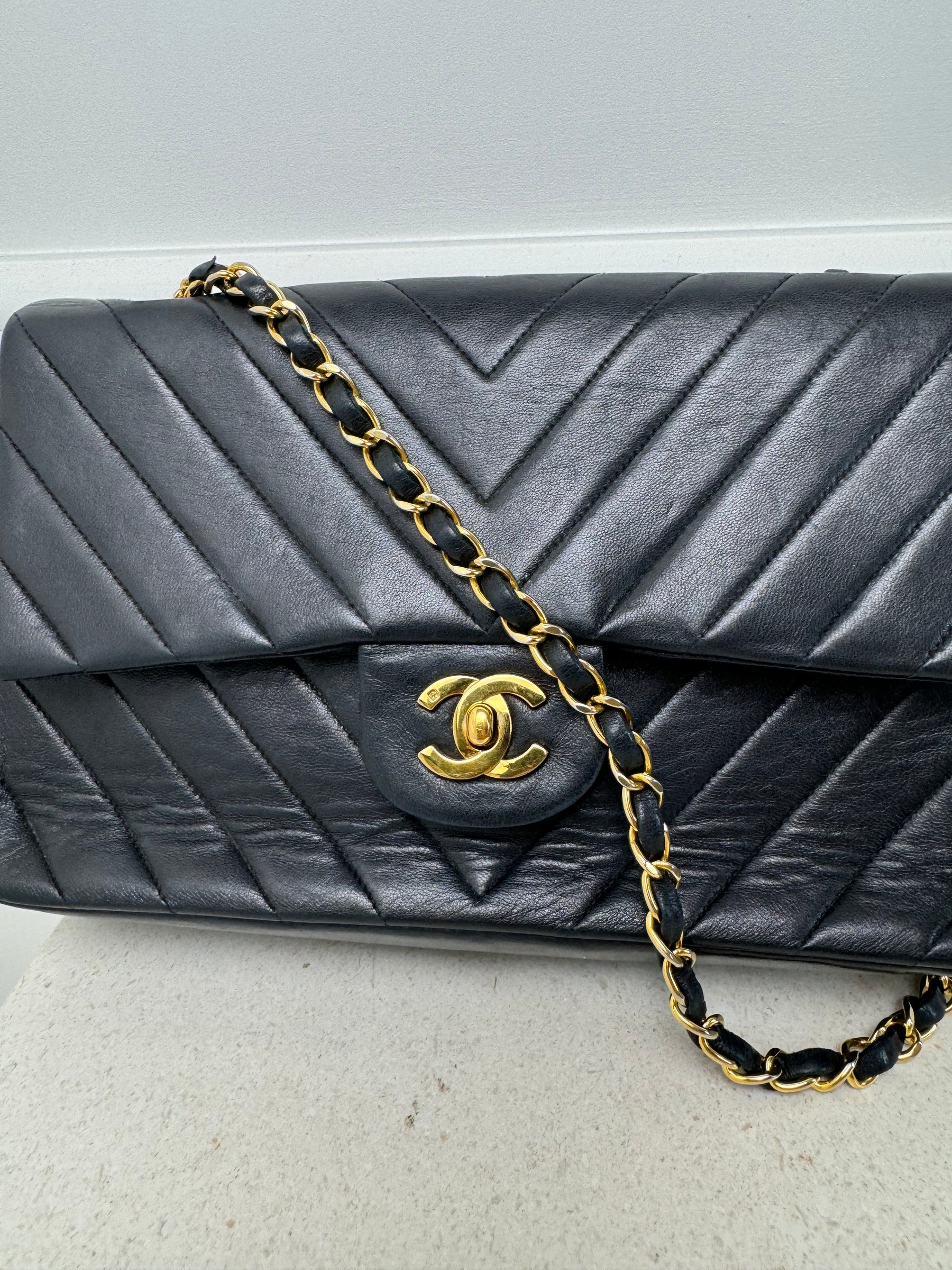 Chanel Black Chevron Leather Small Classic Flap