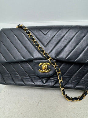 Chanel Black Chevron Leather Small Classic Flap