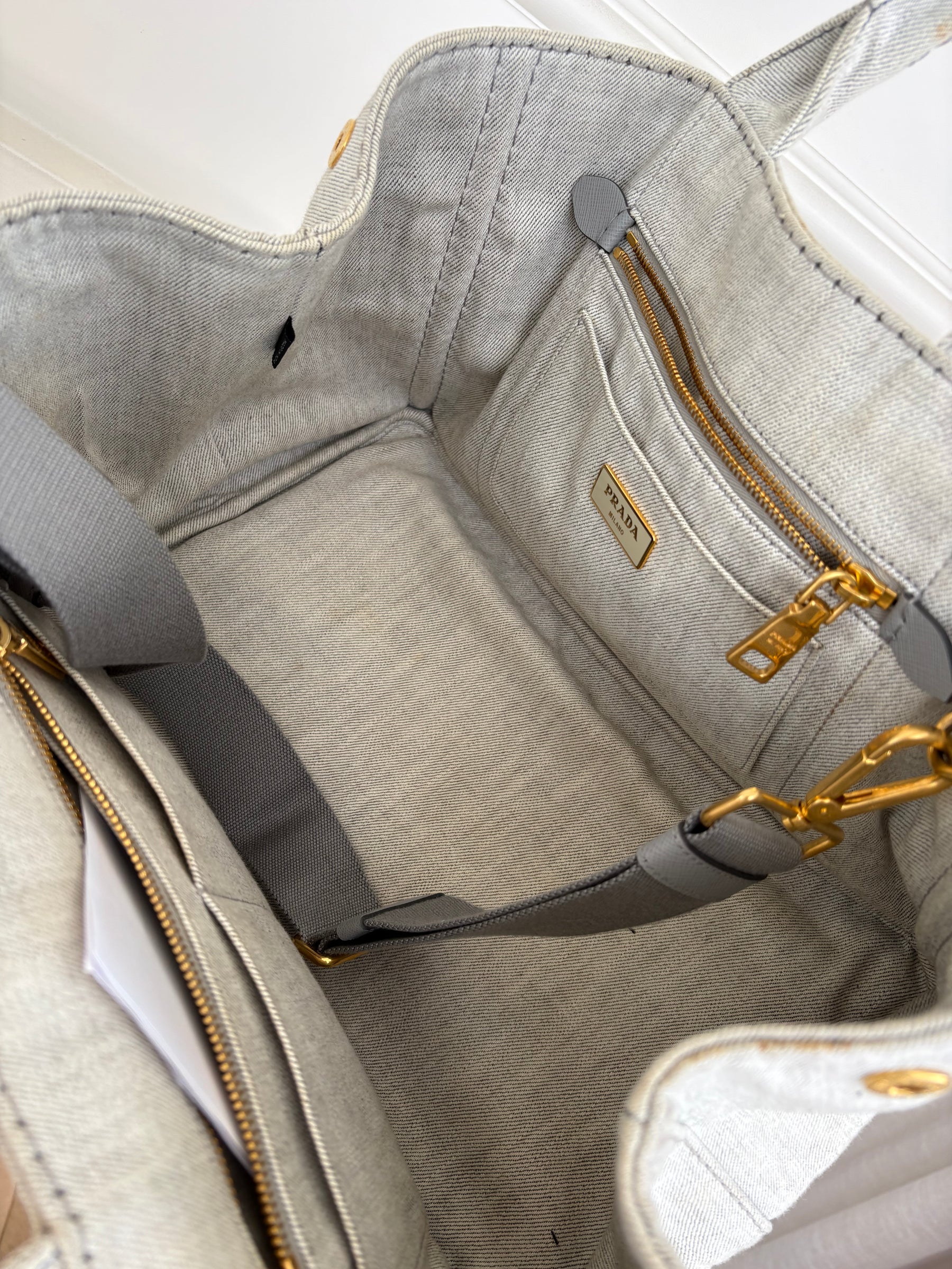 Prada Light Grey Denim Canapa Tote