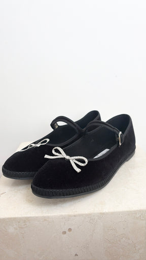 Giambattista Valli Black Velvet Crystal Bow Mary Janes, 41