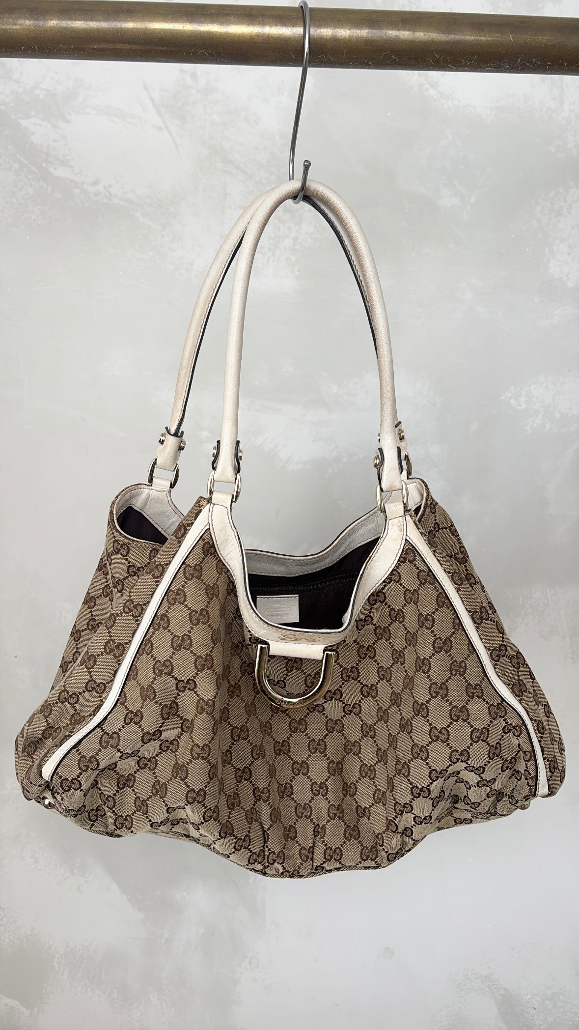 Gucci Canvas Monogram and White Leather Abbey D Ring Hobo Bag
