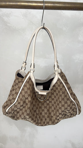 Gucci Canvas Monogram and White Leather Abbey D Ring Hobo Bag