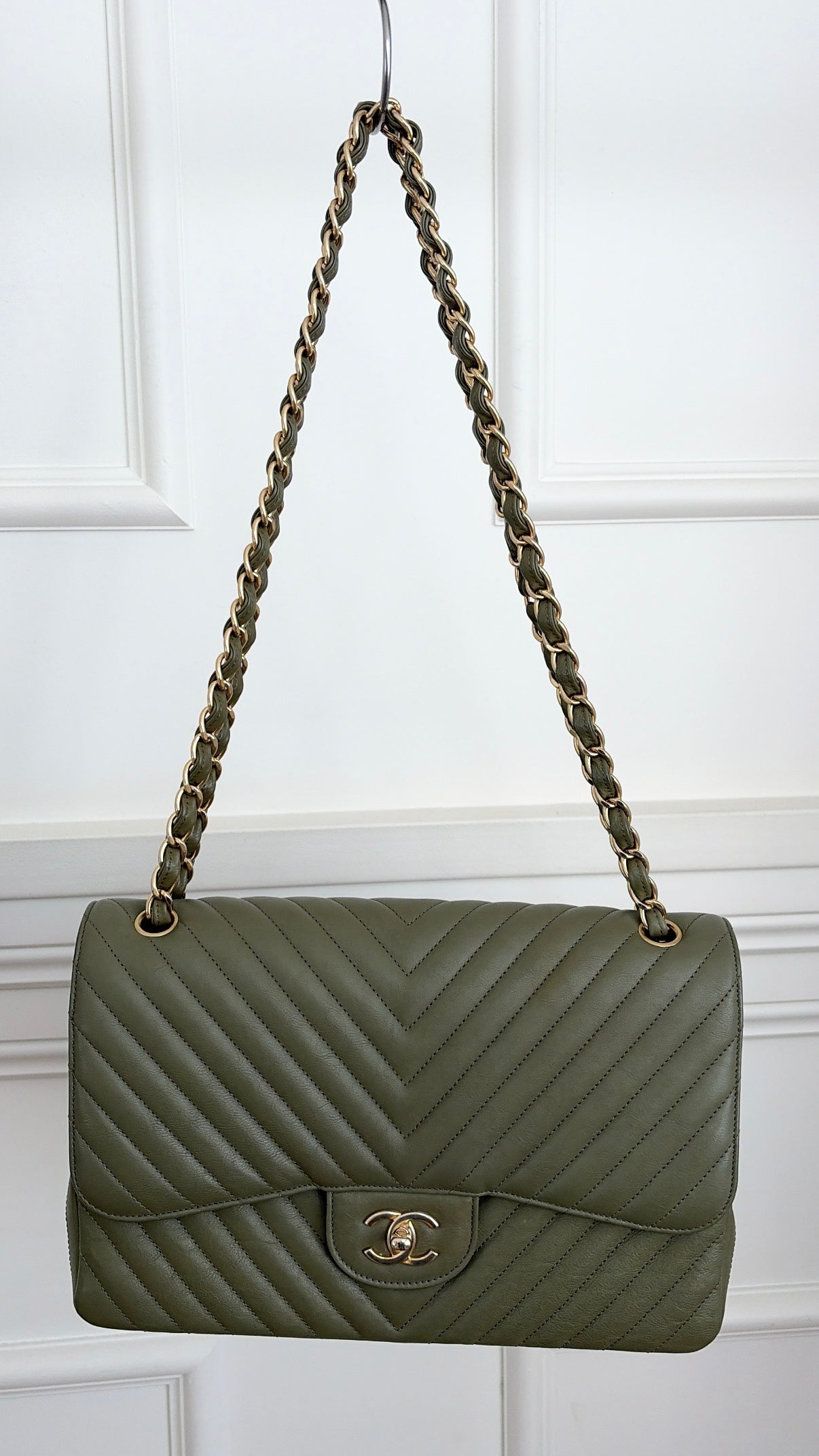 Chanel Khaki Chevron Quilted Leather Jumbo Double Flap