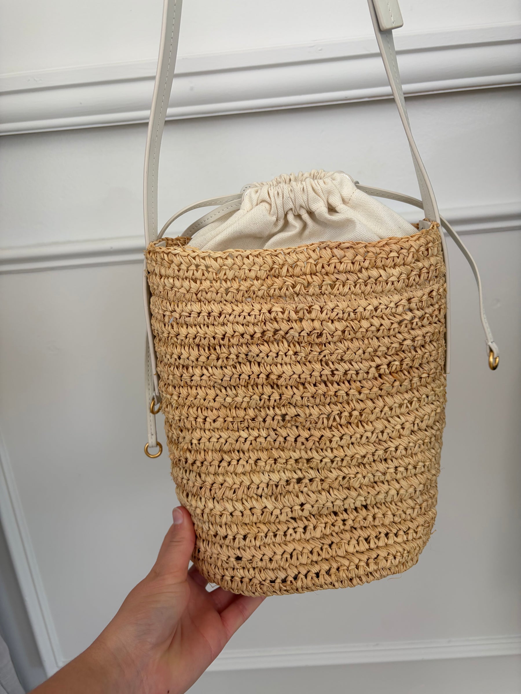 Oroton Raffia and Cream Leather Bucket Bag