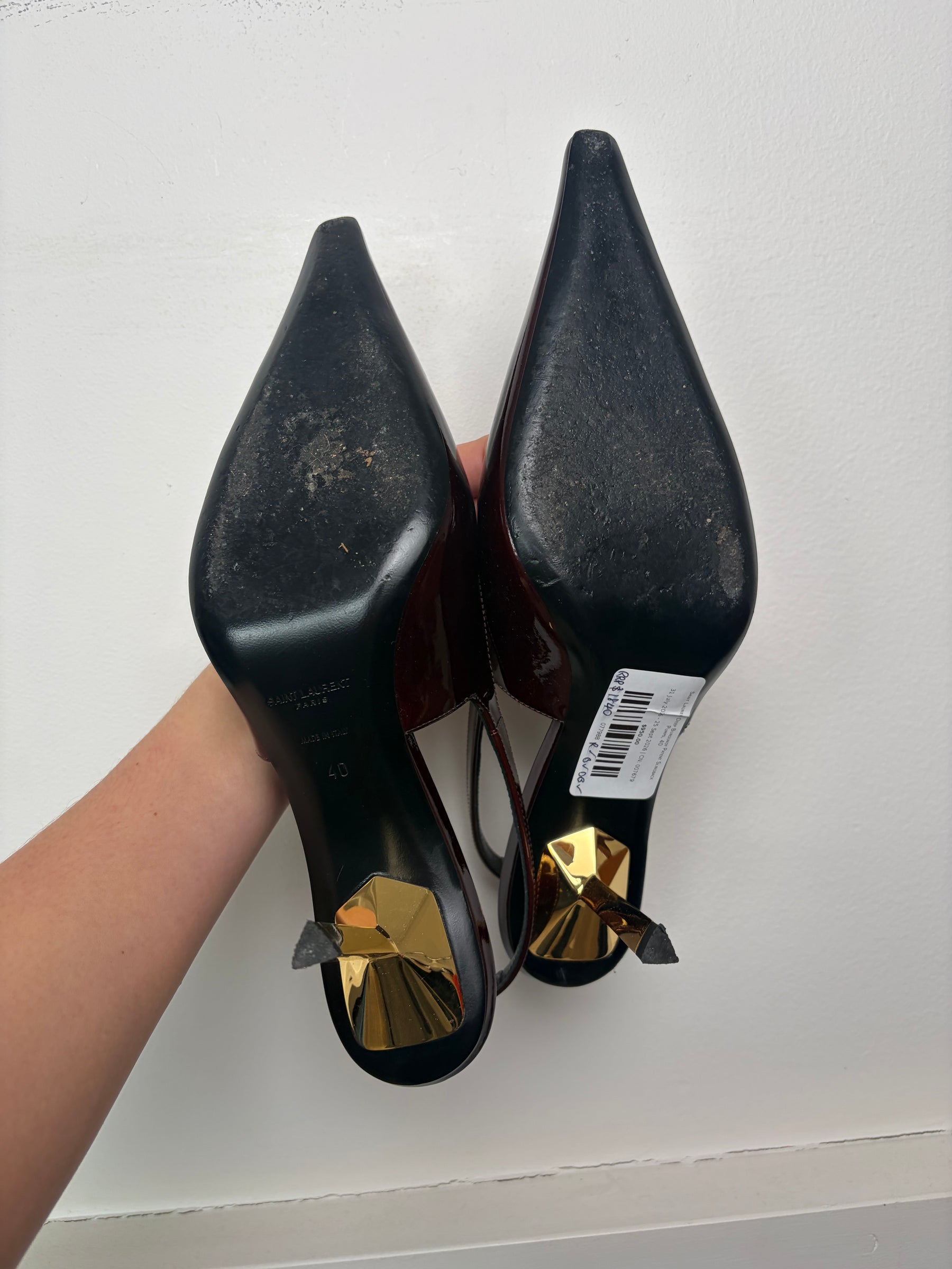 Saint Laurent Deep Burgundy Patent Slingback Pumps, 40