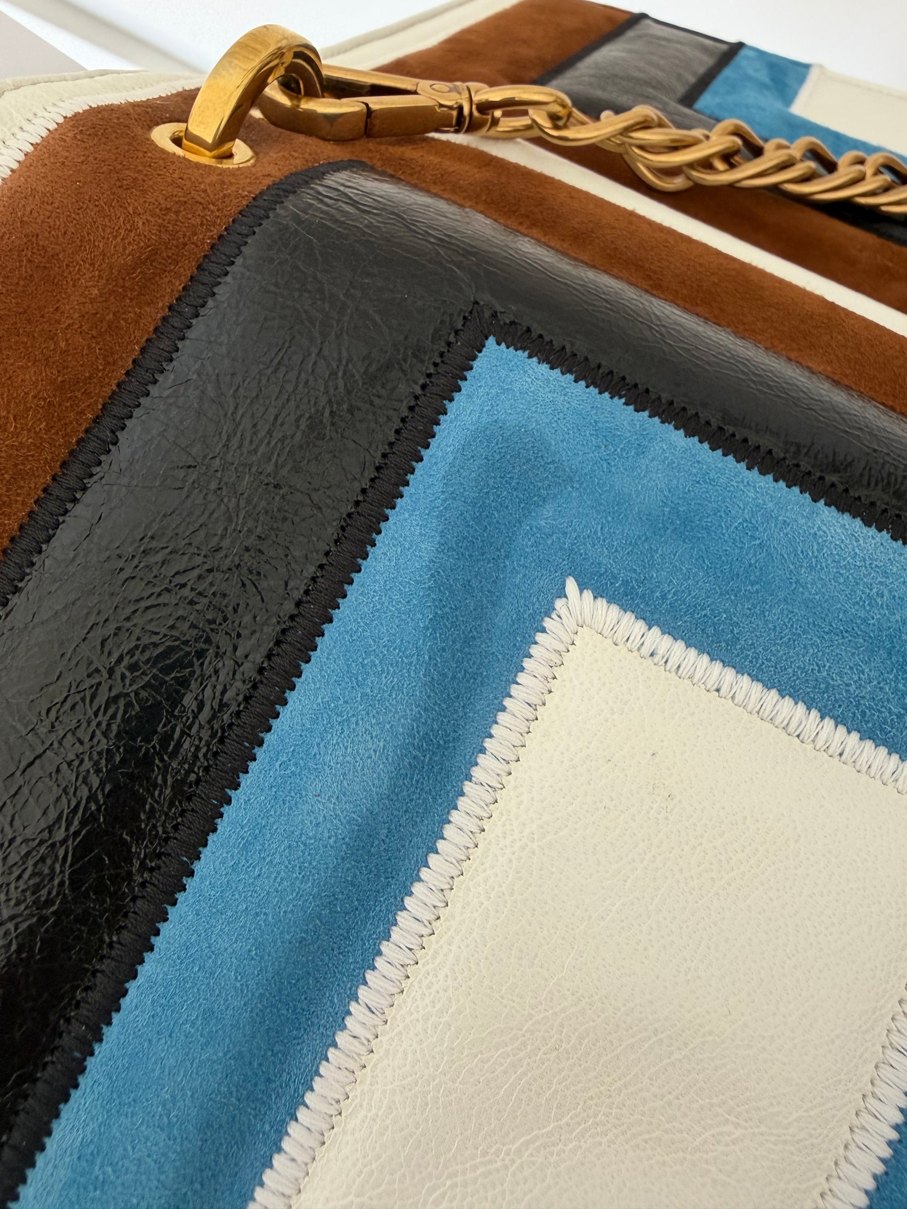 Fendi White Brown Black and Blue Suede and Leather Kan U Shoulder Bag