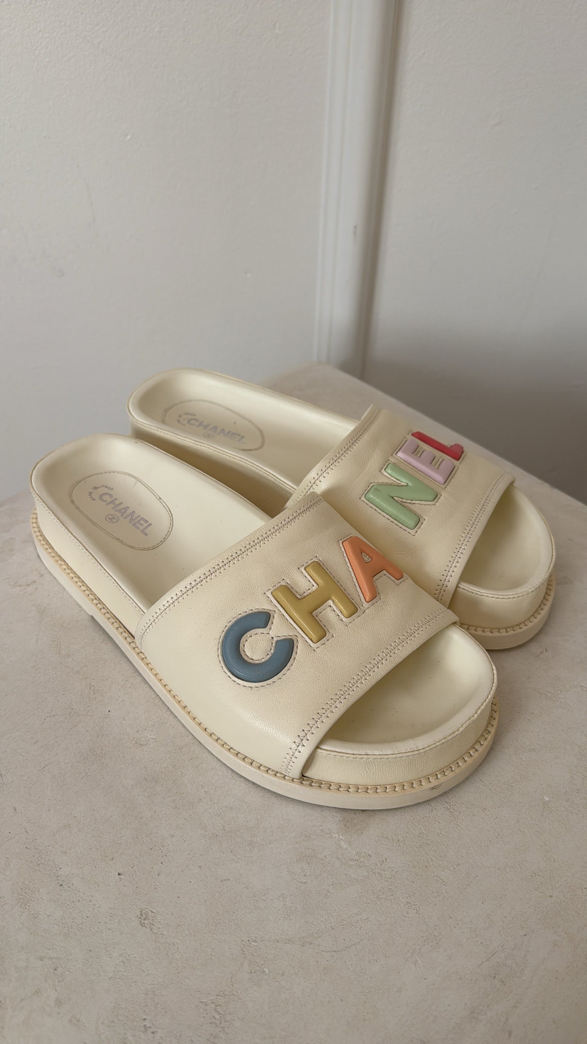 Chanel Cream Leather Slides With Pastel Logo, 38 C