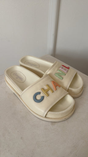 Chanel Cream Leather Slides With Pastel Logo, 38 C