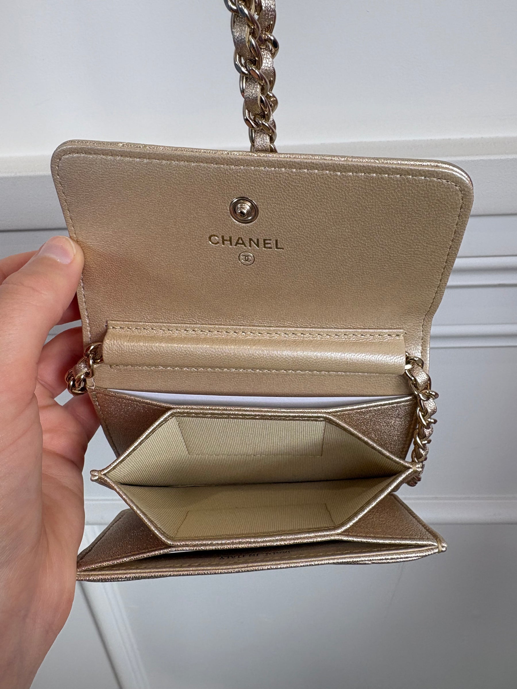 Chanel Gold Leather Camellia Strap Mini Card Holder on Chain