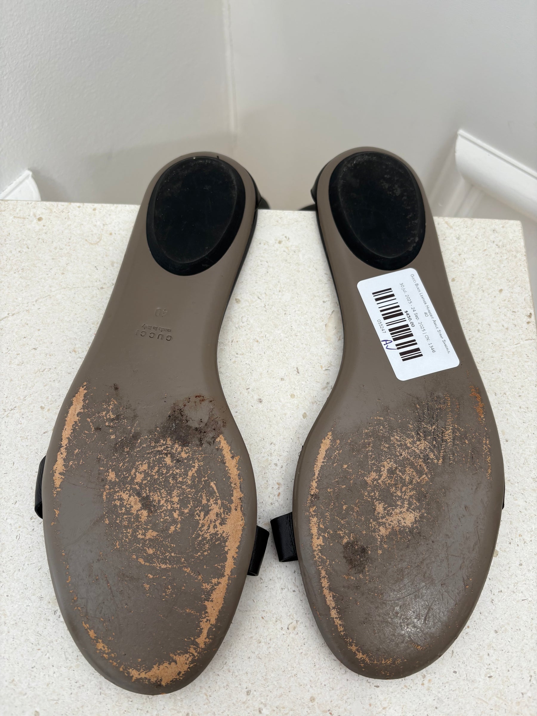 Gucci Black Leather Horsebit Ankle Strap Sandals, 40