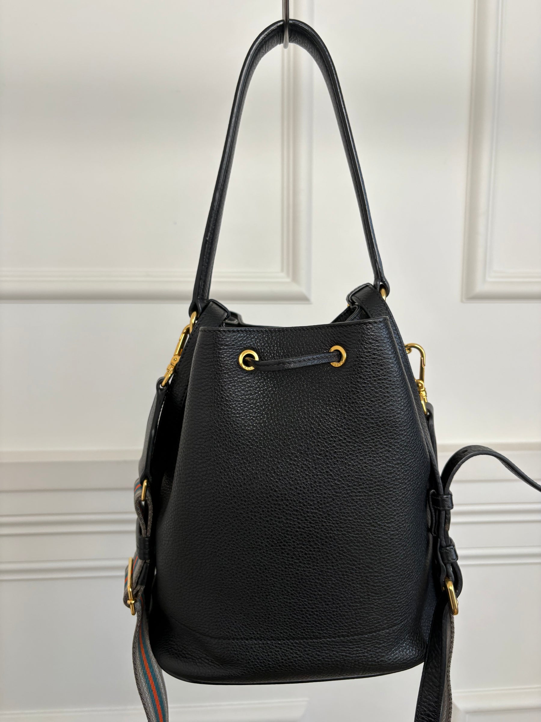 Prada Black Grained Leather Logo Bucket Bag