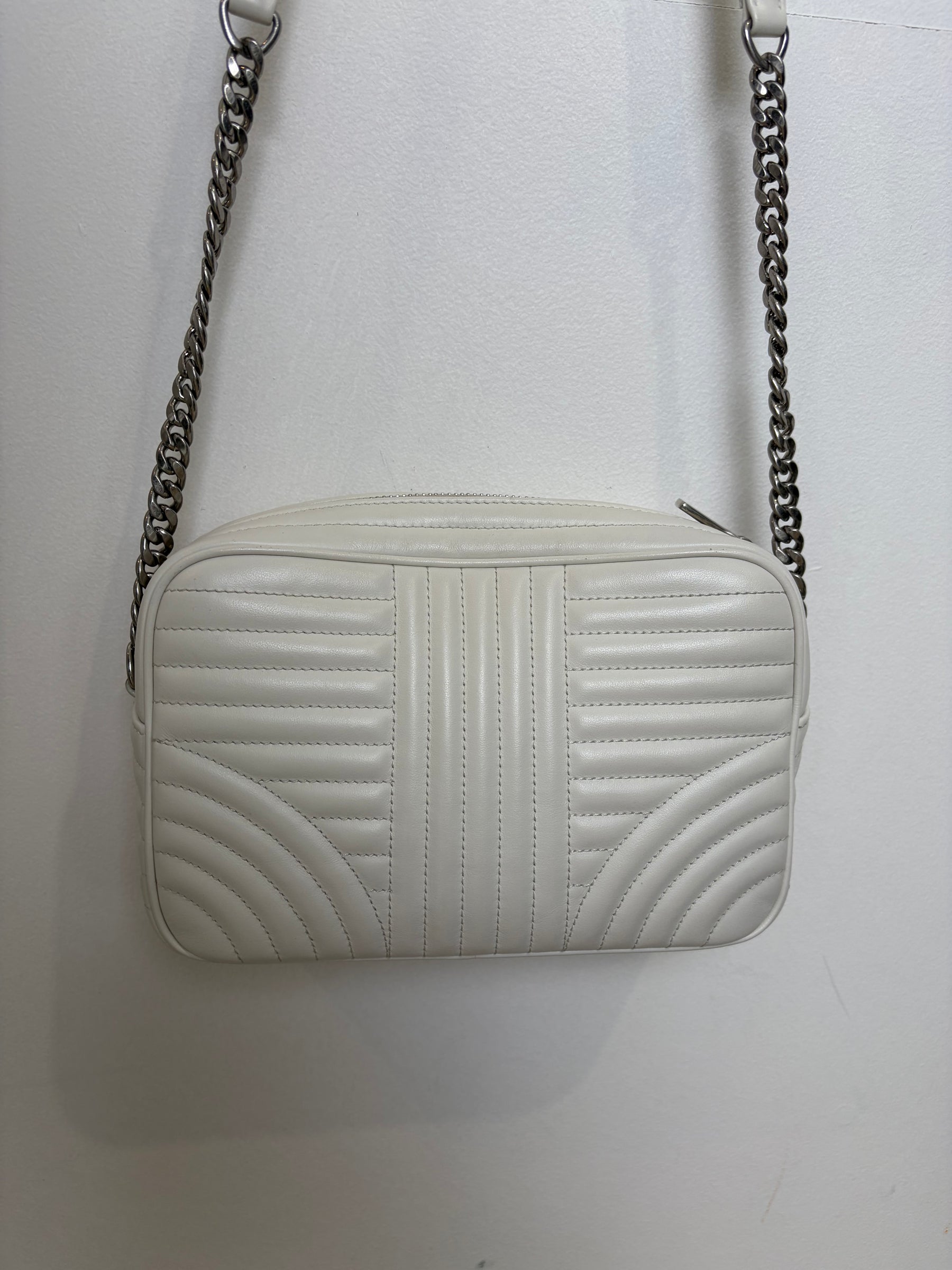 Prada White Leather Quilted Diagramme Camera Bag
