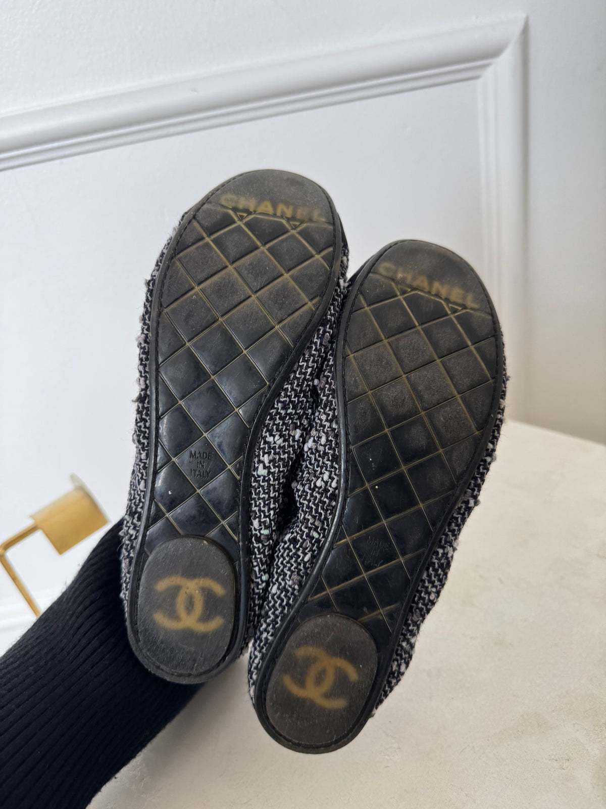 Chanel Black and Grey Tweed Scrunched Ballet Flats, 36