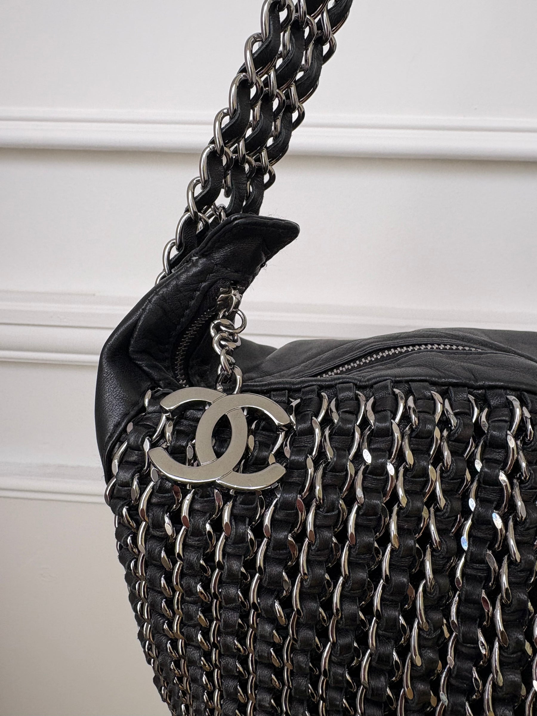 Chanel Lambskin Chain Hobo Bag Black Silver HW