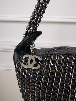 Chanel Lambskin Chain Hobo Bag Black Silver HW