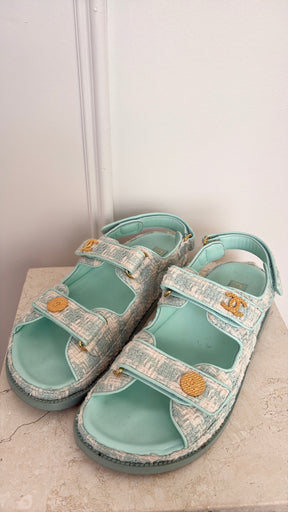 Chanel Mint and White Tweed Dad Sandals, 39.5C