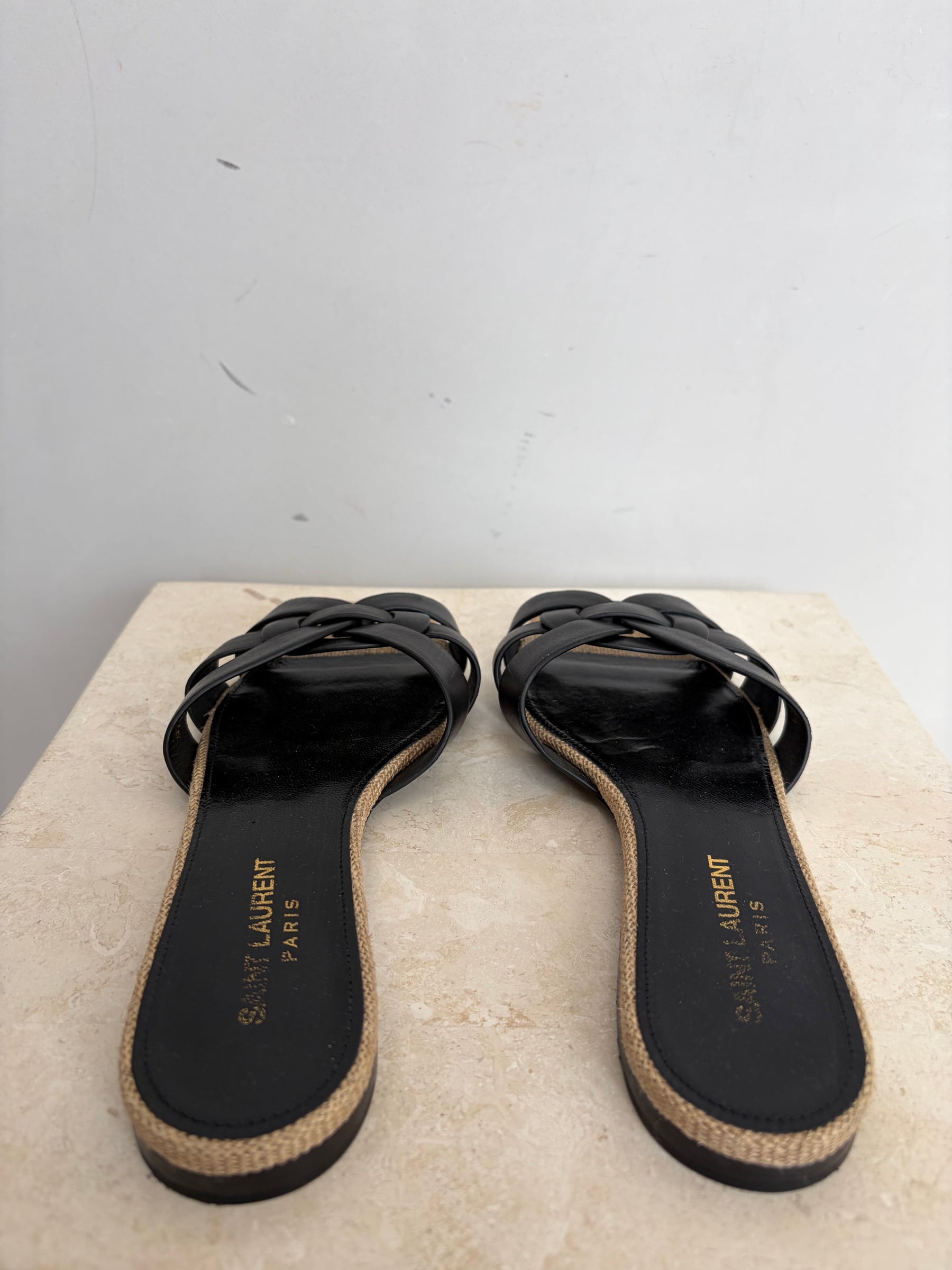 Saint Laurent Black Leather and Hessian Tribute Slides, 37