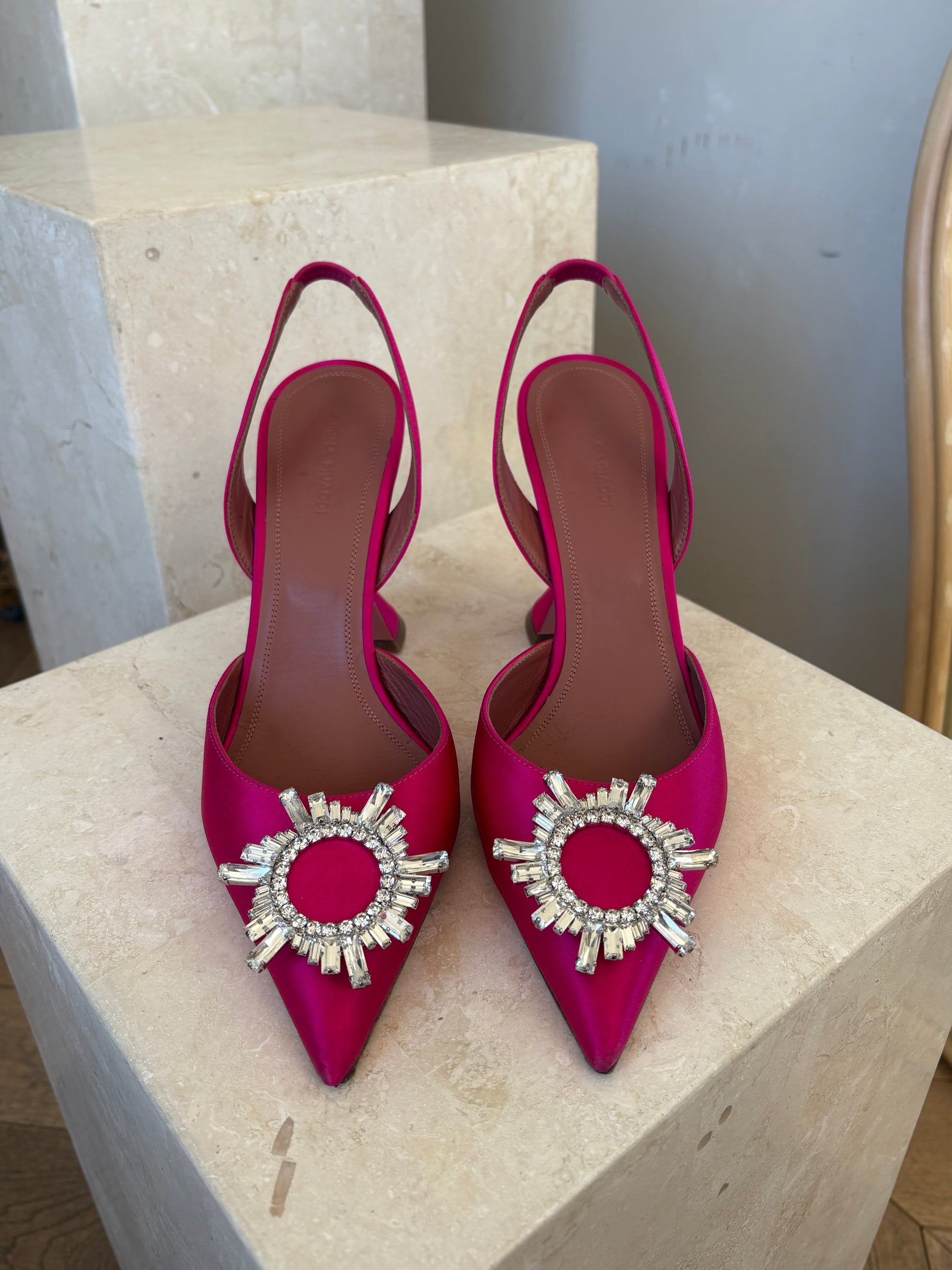 Amina Muaddi Hot Pink Satin Begum Slingback Heels, 40